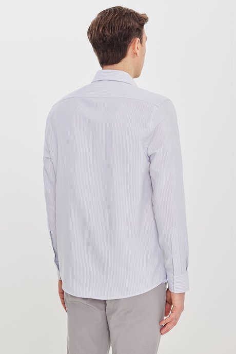 Pamuklu Slim Fit Dar Kesim İtalyan Yaka Oxford Gri-Beyaz Gömlek resmi