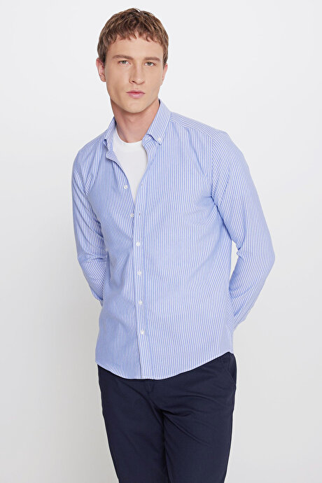Pamuklu Slim Fit Dar Kesim İtalyan Yaka Oxford Mavi-Beyaz Gömlek resmi