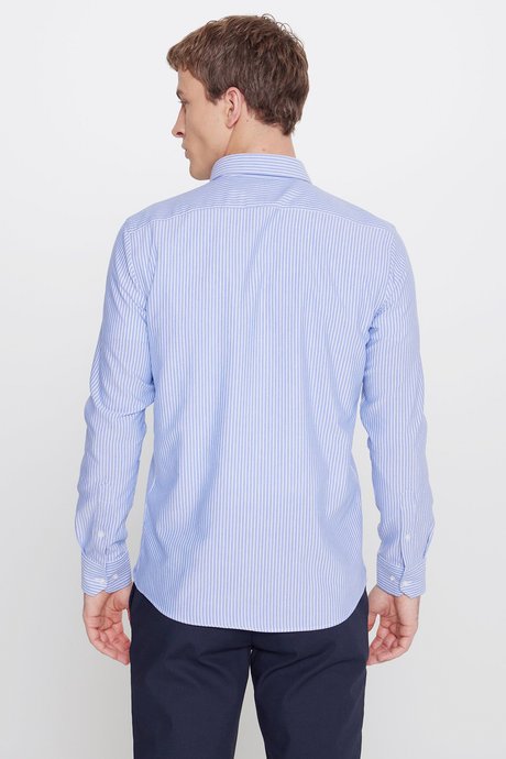 Pamuklu Slim Fit Dar Kesim İtalyan Yaka Oxford Mavi-Beyaz Gömlek resmi