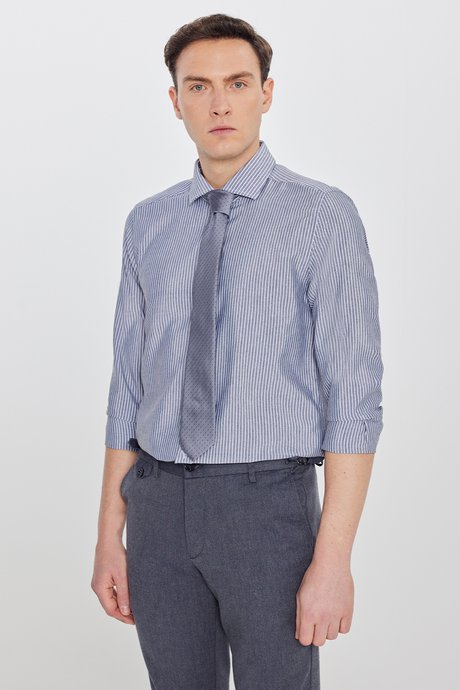 Pamuklu Slim Fit Dar Kesim İtalyan Yaka Oxford Siyah-Beyaz Gömlek resmi