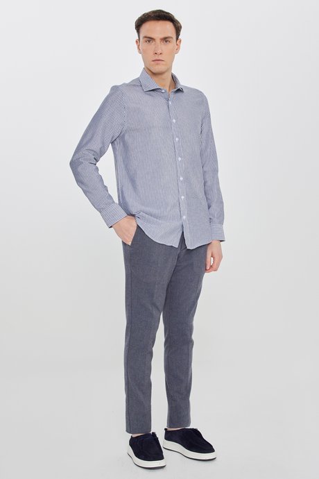 Pamuklu Slim Fit Dar Kesim İtalyan Yaka Oxford Siyah-Beyaz Gömlek resmi