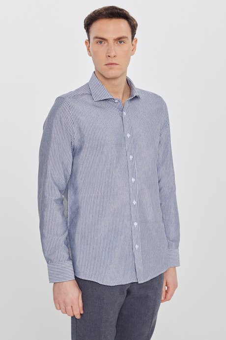 Pamuklu Slim Fit Dar Kesim İtalyan Yaka Oxford Siyah-Beyaz Gömlek resmi
