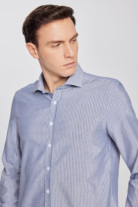 Pamuklu Slim Fit Dar Kesim İtalyan Yaka Oxford Siyah-Beyaz Gömlek resmi