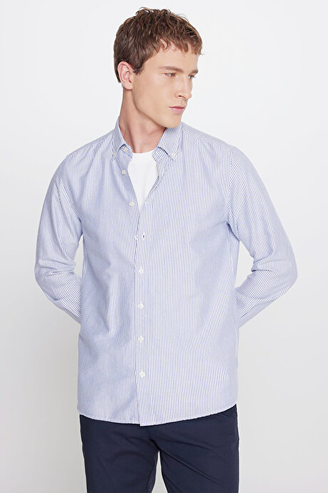 Pamuklu Slim Fit Dar Kesim Düğmeli Yaka Çizgili Beyaz-Lacivert Gömlek resmi