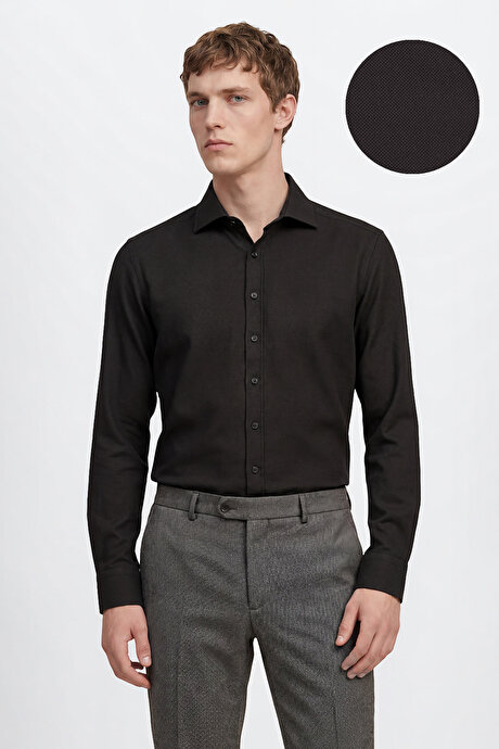 Pamuklu Slim Fit Dar Kesim Klasik Yaka Armürlü Siyah Gömlek resmi