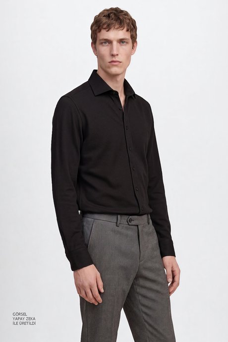 Pamuklu Slim Fit Dar Kesim Klasik Yaka Armürlü Siyah Gömlek resmi