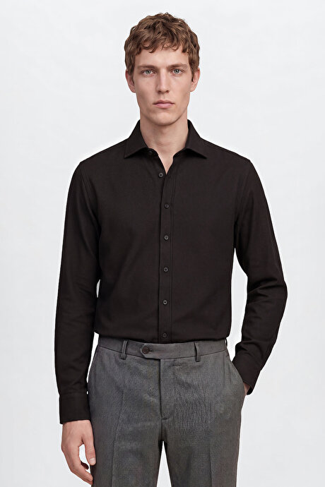 Pamuklu Slim Fit Dar Kesim Klasik Yaka Armürlü Siyah Gömlek resmi
