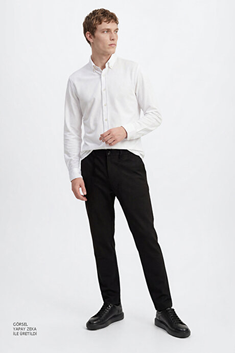 360 Her Yöne Esneyen Pamuklu Tailored Slim Fit Dar Kesim Düğmeli Yaka Örme Beyaz Gömlek resmi