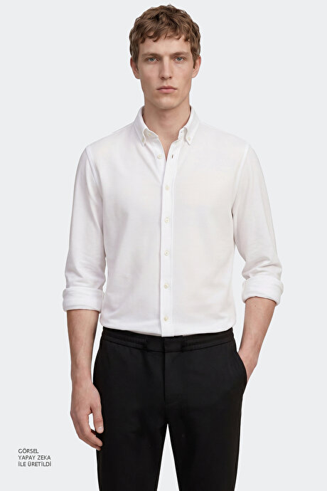 360 Her Yöne Esneyen Pamuklu Tailored Slim Fit Dar Kesim Düğmeli Yaka Örme Beyaz Gömlek resmi
