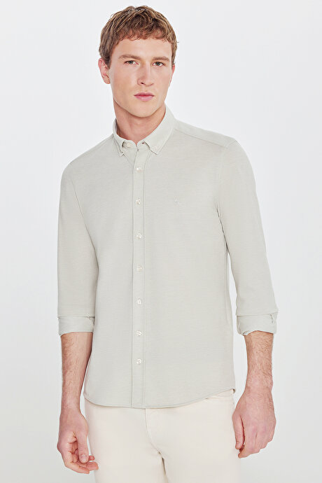 360 Her Yöne Esneyen Pamuklu Tailored Slim Fit Dar Kesim Düğmeli Yaka Örme Haki Gömlek resmi