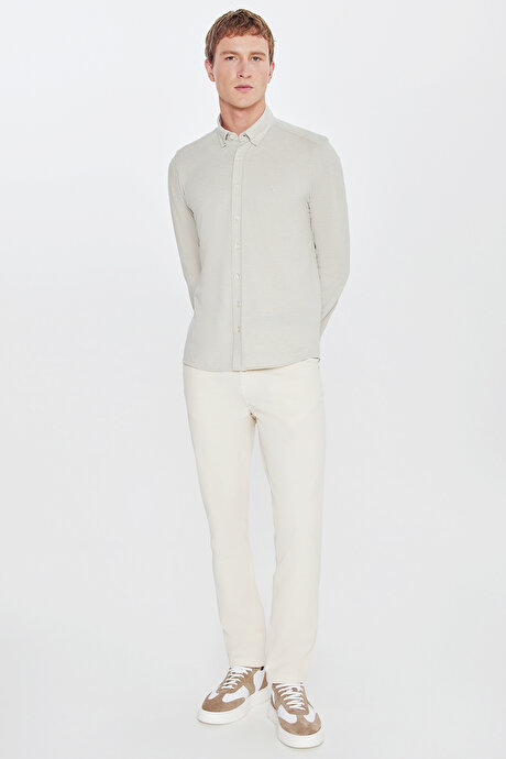 360 Her Yöne Esneyen Pamuklu Tailored Slim Fit Dar Kesim Düğmeli Yaka Örme Haki Gömlek resmi