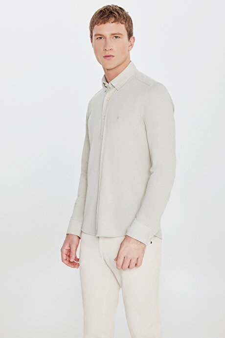 360 Her Yöne Esneyen Pamuklu Tailored Slim Fit Dar Kesim Düğmeli Yaka Örme Haki Gömlek resmi