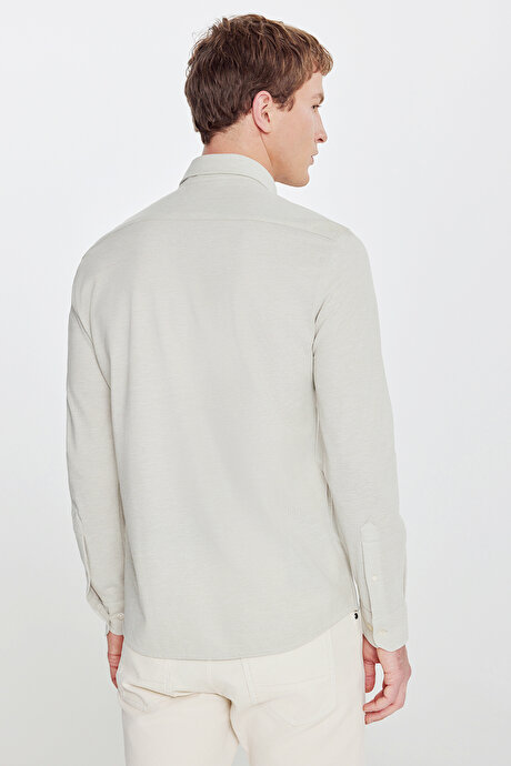 360 Her Yöne Esneyen Pamuklu Tailored Slim Fit Dar Kesim Düğmeli Yaka Örme Haki Gömlek resmi