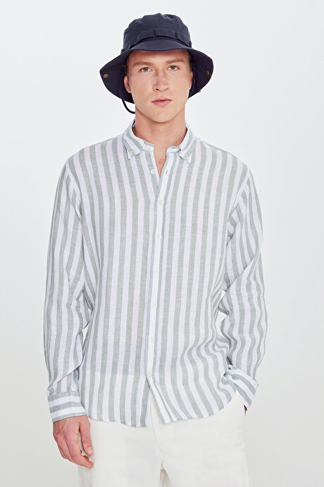 %100 Keten Comfort Fit Rahat Kesim Düğmeli Yaka Çizgili Haki-Beyaz Gömlek resmi