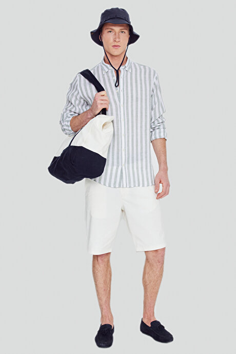 %100 Keten Comfort Fit Rahat Kesim Düğmeli Yaka Çizgili Haki-Beyaz Gömlek resmi