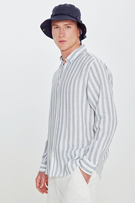 %100 Keten Comfort Fit Rahat Kesim Düğmeli Yaka Çizgili Haki-Beyaz Gömlek resmi