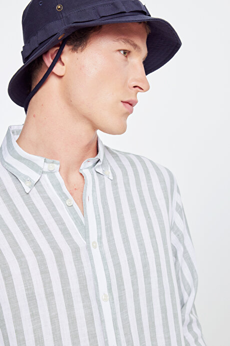 %100 Keten Comfort Fit Rahat Kesim Düğmeli Yaka Çizgili Haki-Beyaz Gömlek resmi