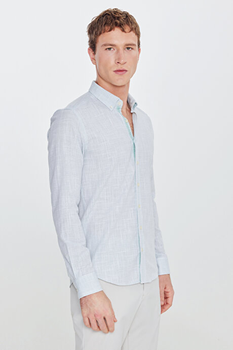Slim Fit Dar Kesim Düğmeli Yaka Armürlü Haki Gömlek resmi