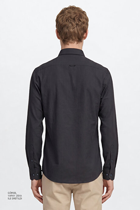 Tailored Slim Fit Dar Kesim Düğmeli Yaka Gofre Desenli Travel Lacivert Gömlek resmi