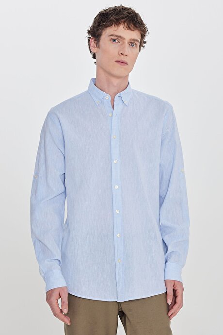 Pamuklu Keten Comfort Fit Düğmeli Yaka Çizgili Açık Mavi Gömlek resmi