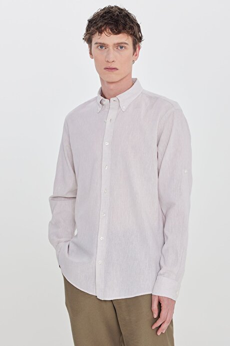 Pamuklu Keten Comfort Fit Düğmeli Yaka Çizgili Bej Gömlek resmi