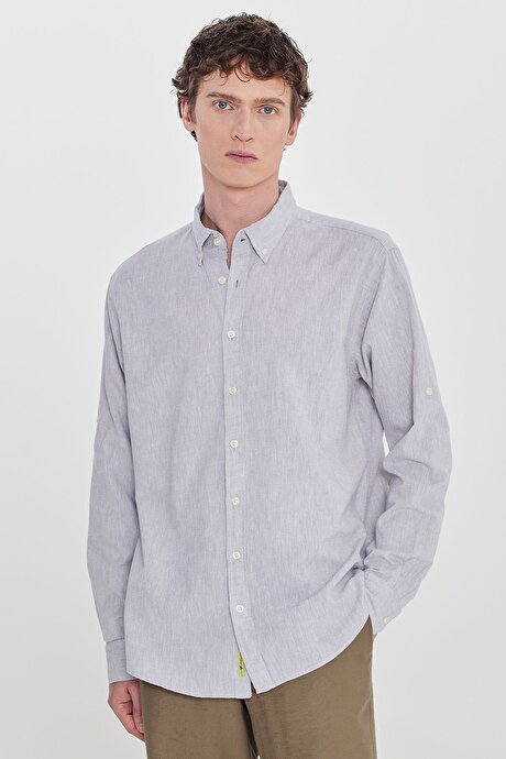 Pamuklu Keten Comfort Fit Düğmeli Yaka Çizgili Gri Gömlek resmi
