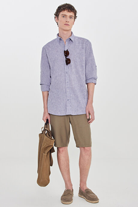 Pamuklu Keten Comfort Fit Düğmeli Yaka Çizgili Gri Gömlek resmi