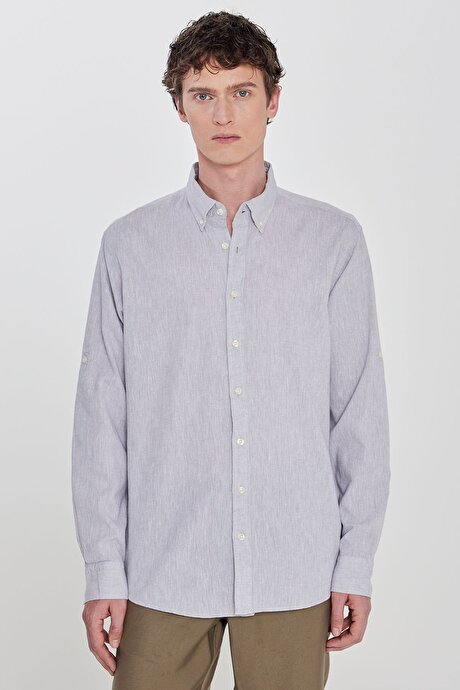Pamuklu Keten Comfort Fit Düğmeli Yaka Çizgili Gri Gömlek resmi