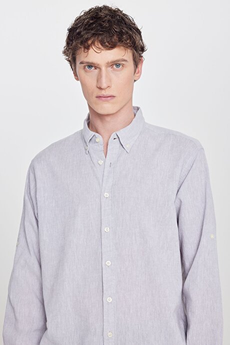 Pamuklu Keten Comfort Fit Düğmeli Yaka Çizgili Gri Gömlek resmi