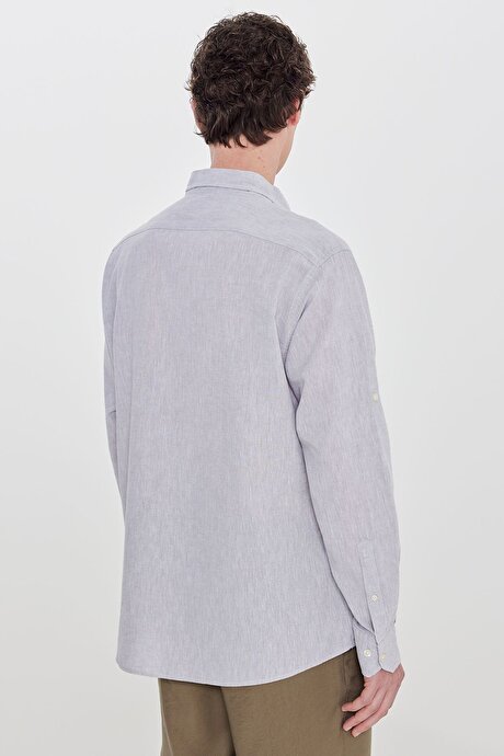 Pamuklu Keten Comfort Fit Düğmeli Yaka Çizgili Gri Gömlek resmi