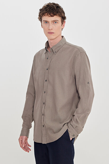 Pamuklu Keten Comfort Fit Düğmeli Yaka Çizgili Haki Gömlek resmi