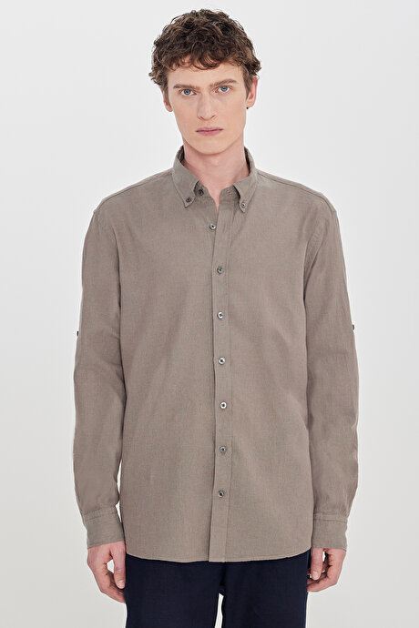 Pamuklu Keten Comfort Fit Düğmeli Yaka Çizgili Haki Gömlek resmi