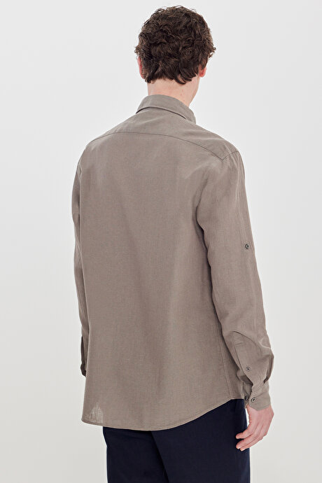Pamuklu Keten Comfort Fit Düğmeli Yaka Çizgili Haki Gömlek resmi