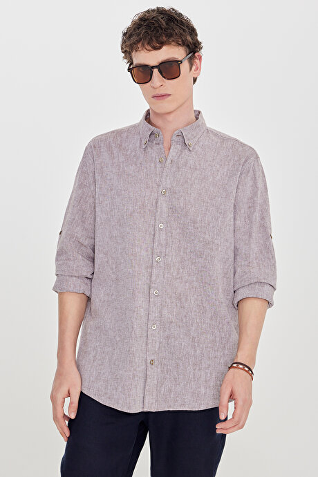 Pamuklu Keten Comfort Fit Düğmeli Yaka Çizgili Kahverengi Gömlek resmi