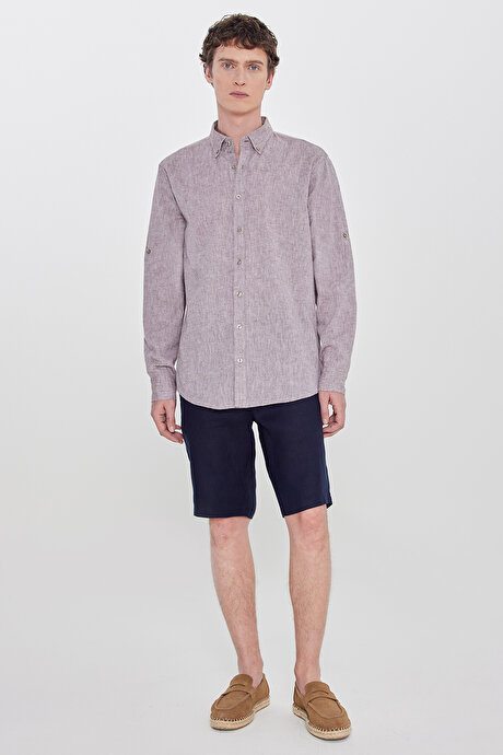 Pamuklu Keten Comfort Fit Düğmeli Yaka Çizgili Kahverengi Gömlek resmi