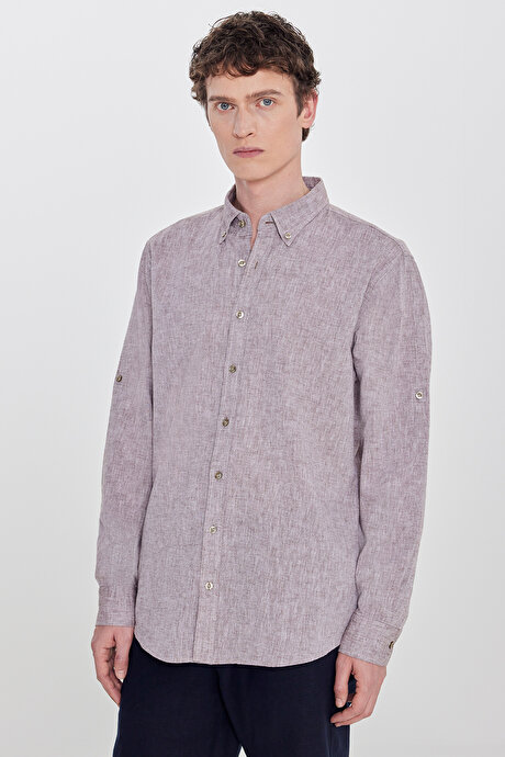 Pamuklu Keten Comfort Fit Düğmeli Yaka Çizgili Kahverengi Gömlek resmi