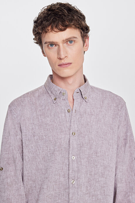 Pamuklu Keten Comfort Fit Düğmeli Yaka Çizgili Kahverengi Gömlek resmi