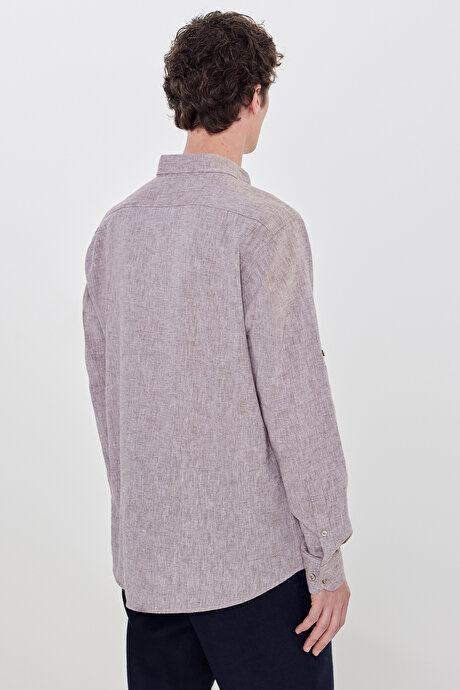 Pamuklu Keten Comfort Fit Düğmeli Yaka Çizgili Kahverengi Gömlek resmi