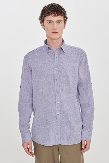 Pamuklu Keten Comfort Fit Düğmeli Yaka Çizgili Lacivert Gömlek resmi