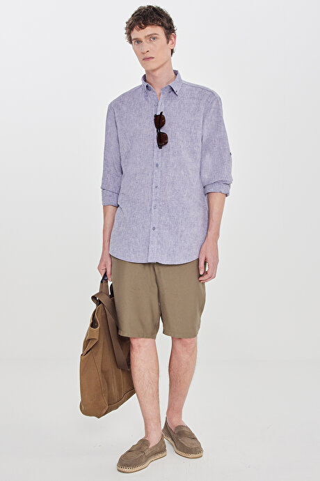 Pamuklu Keten Comfort Fit Düğmeli Yaka Çizgili Lacivert Gömlek resmi