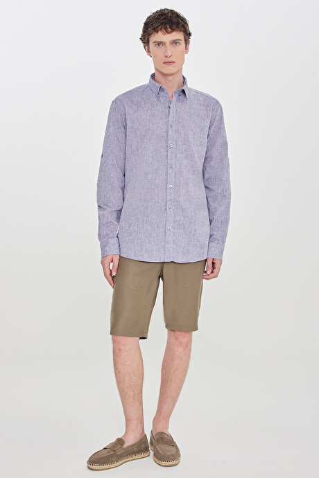 Pamuklu Keten Comfort Fit Düğmeli Yaka Çizgili Lacivert Gömlek resmi