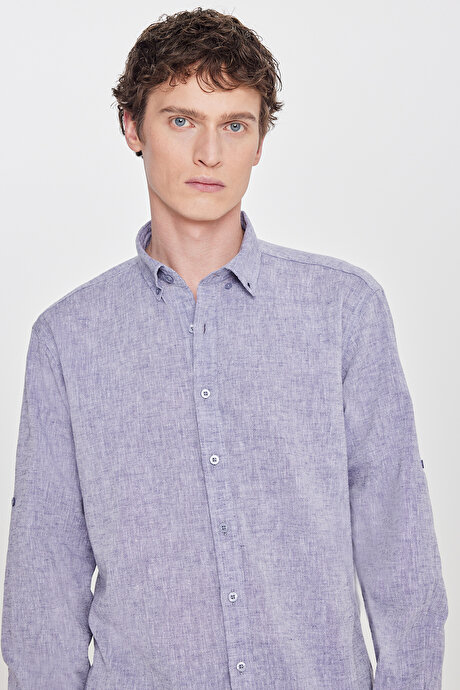 Pamuklu Keten Comfort Fit Düğmeli Yaka Çizgili Lacivert Gömlek resmi