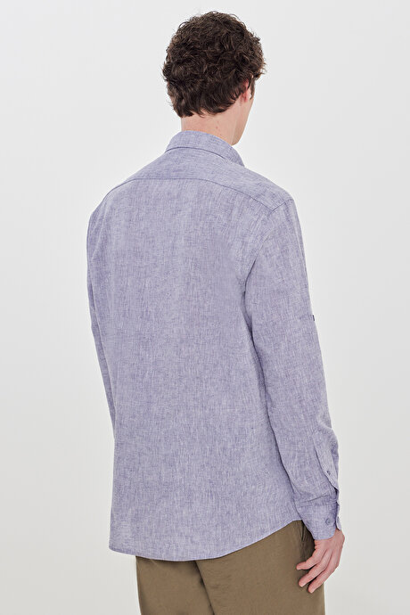 Pamuklu Keten Comfort Fit Düğmeli Yaka Çizgili Lacivert Gömlek resmi