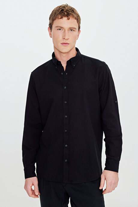 Pamuklu Keten Comfort Fit Düğmeli Yaka Çizgili Siyah Gömlek resmi