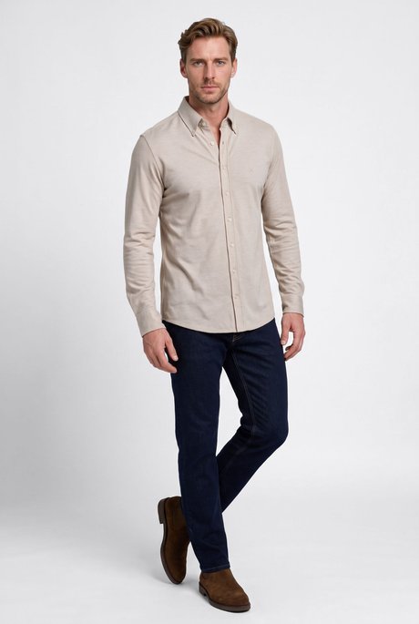 Pamuklu Slim Fit Dar Kesim Düğmeli Yaka Örme Bej Gömlek resmi