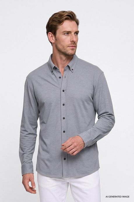 Pamuklu Slim Fit Dar Kesim Düğmeli Yaka Örme Gri Gömlek resmi