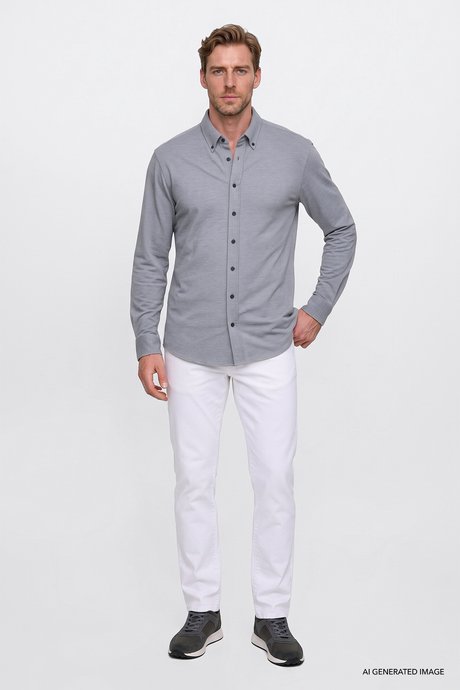 Pamuklu Slim Fit Dar Kesim Düğmeli Yaka Örme Gri Gömlek resmi