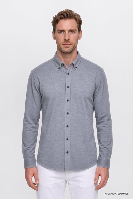Pamuklu Slim Fit Dar Kesim Düğmeli Yaka Örme Gri Gömlek resmi
