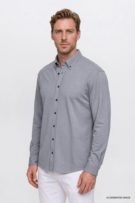 Pamuklu Slim Fit Dar Kesim Düğmeli Yaka Örme Gri Gömlek resmi