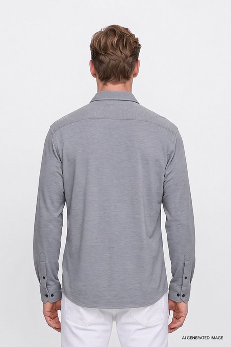Pamuklu Slim Fit Dar Kesim Düğmeli Yaka Örme Gri Gömlek resmi